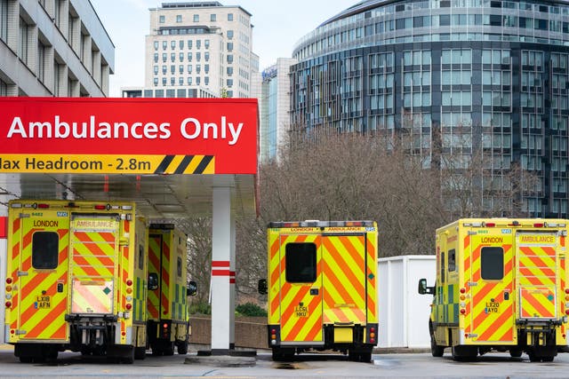 A view of ambulances outside St Thomas’ Hospital in central London (Dominic Lipinski/PA)