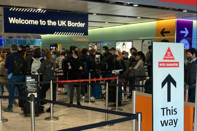 <p>Red alert: the queue for hotel quarantine at London Heathrow Airport in February 2021 </p>