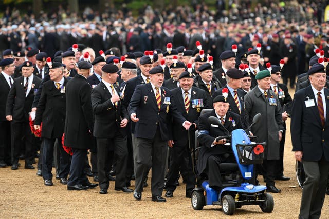 Veterans form up on Horse Guards Parade (Daniel Leal-Olivas/PA)