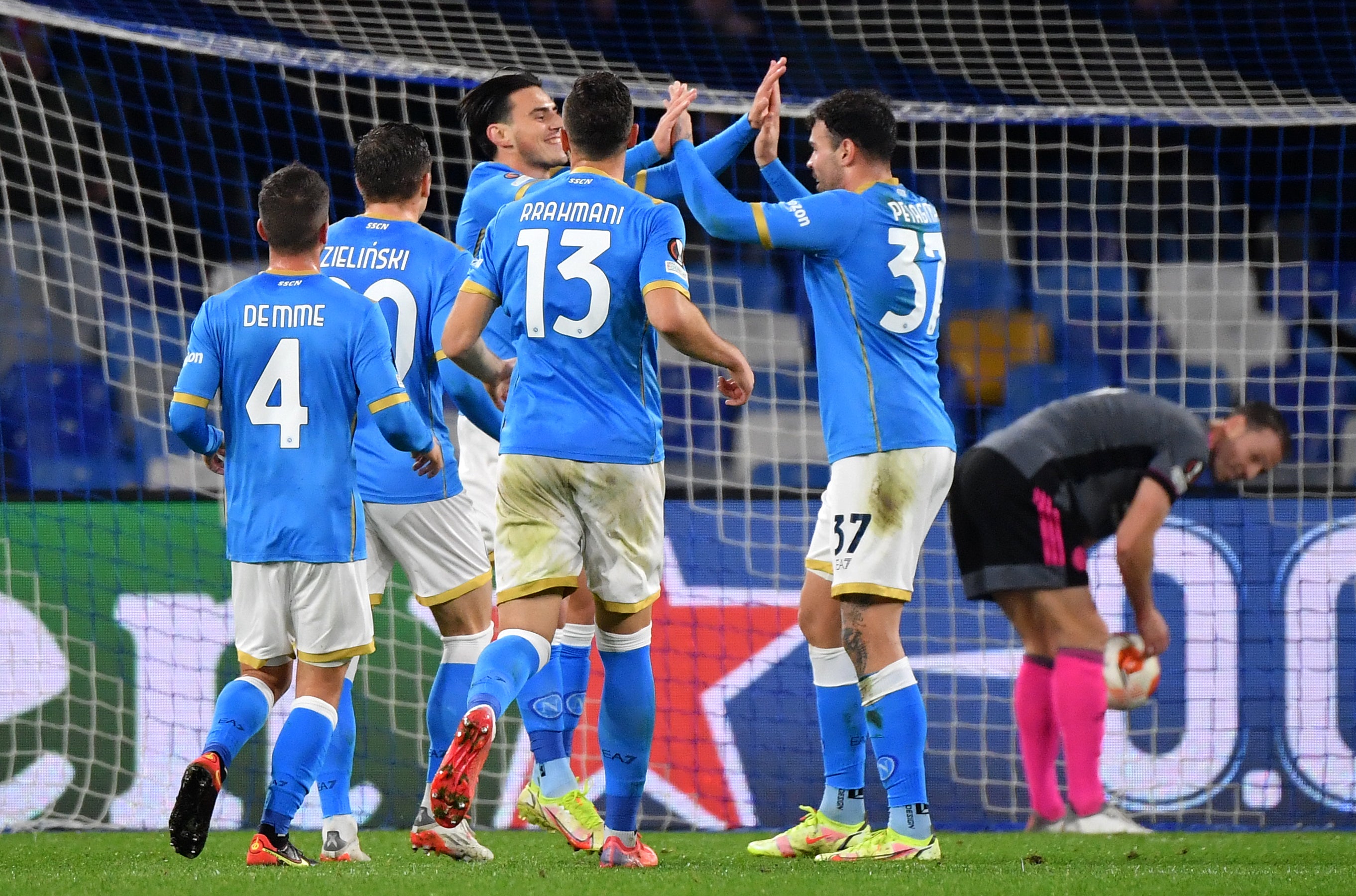 Napoli’s Eljif Elmas (centre) celebrates what turned out to be the winning goal