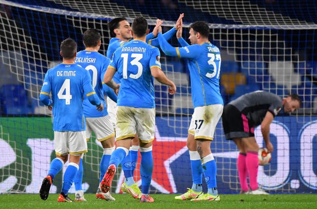 <p>Napoli’s Eljif Elmas (centre) celebrates what turned out to be the winning goal </p>