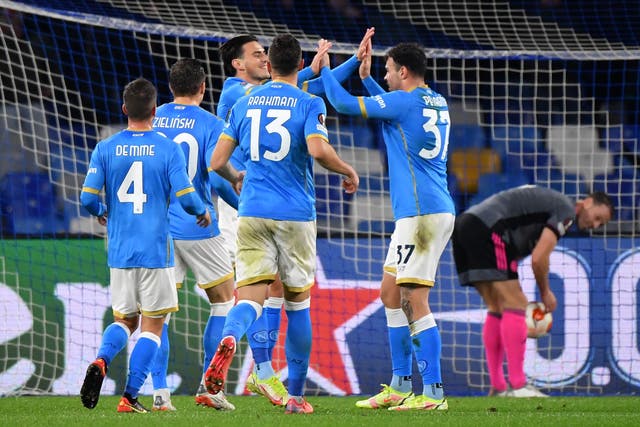 <p>Napoli’s Eljif Elmas (centre) celebrates what turned out to be the winning goal </p>