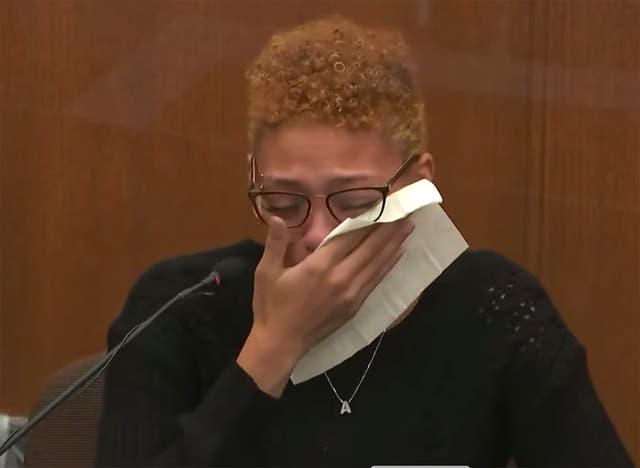 <p>Alayna Albrecht-Payton wipes away tears as she testifies about the shooting of her boyfriend Daunte Wright</p>