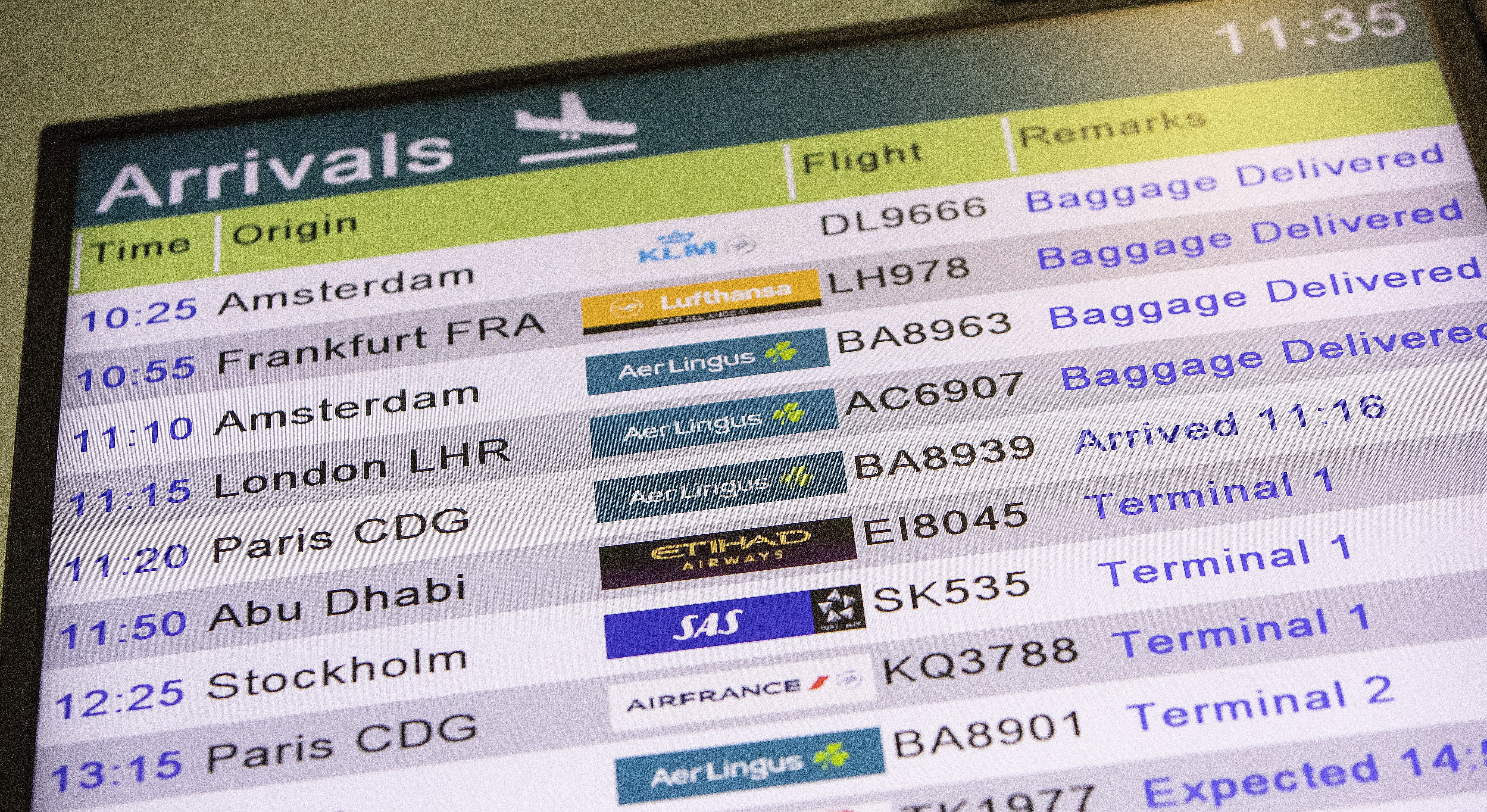 An arrivals board in Terminal 2 at Dublin Airport (Brian Lawless/PA)