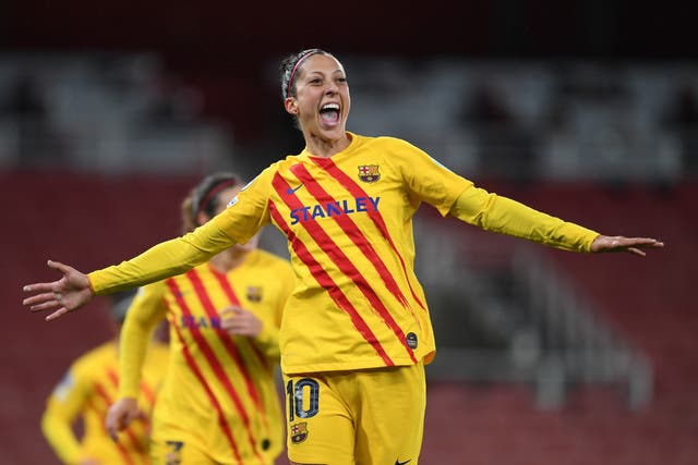 <p>Jennifer Hermoso celebrates scoring Barca’s fourth goal</p>