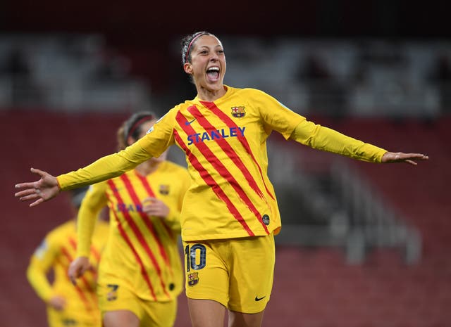 <p>Jennifer Hermoso celebrates scoring Barca’s fourth goal</p>