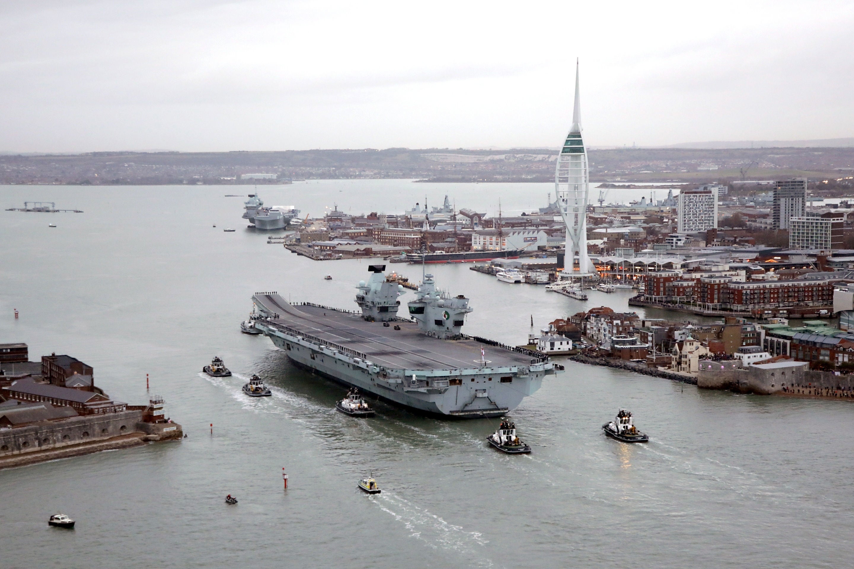HMS Queen Elizabeth returning to Portsmouth Naval Base at the end of her global seven month maiden operational deployment