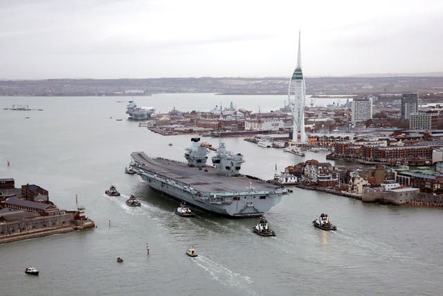 <p>HMS Queen Elizabeth returning to Portsmouth Naval Base at the end of her global seven month maiden operational deployment</p>