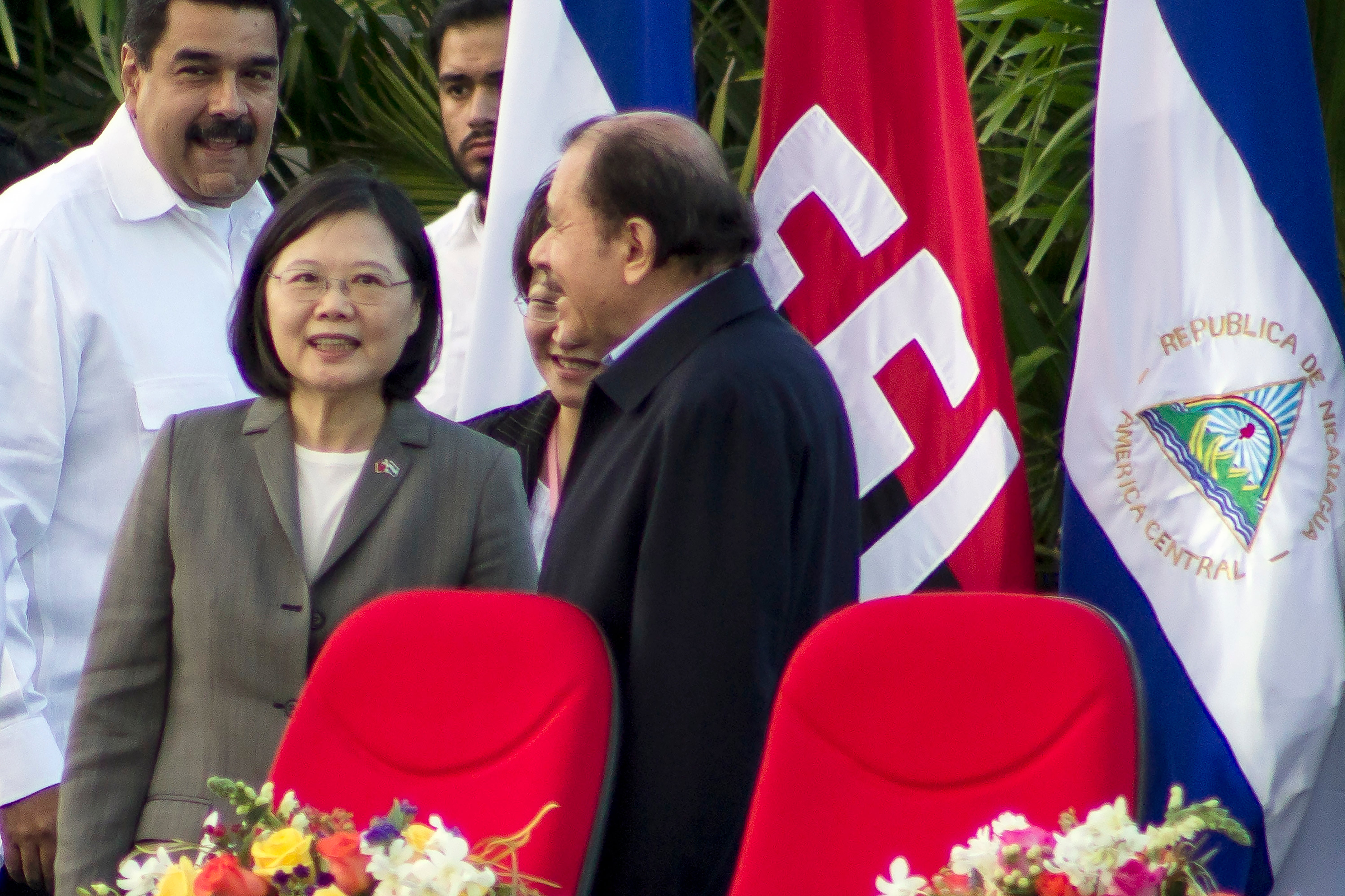 Nicaragua’s president Daniel Ortega welcomes Taiwan’s President Tsai Ing-wen at the start of his swearing-in ceremony in Managua in 2017