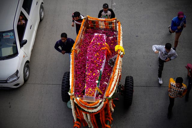 <p>The casket carrying the remains of India’s top military official Bipin Rawat</p>