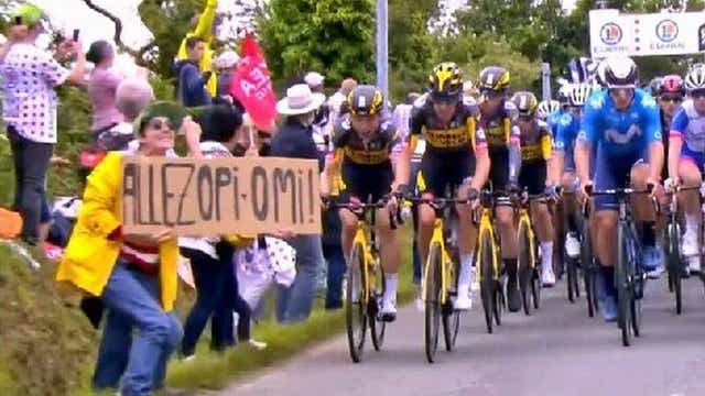 <p>The woman’s cardboard sign clipped German rider Tony Martin, causing one of the tournament’s worst ever crashes</p>