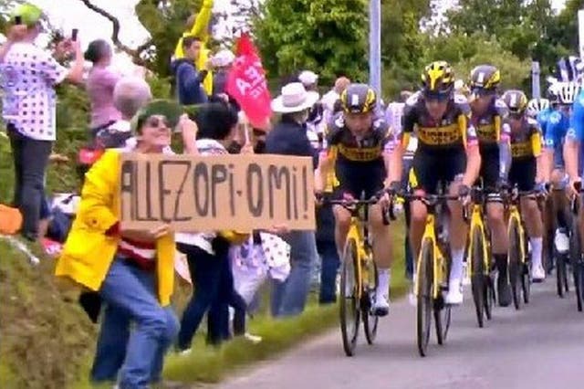 <p>The woman’s cardboard sign clipped German rider Tony Martin, causing one of the tournament’s worst ever crashes</p>