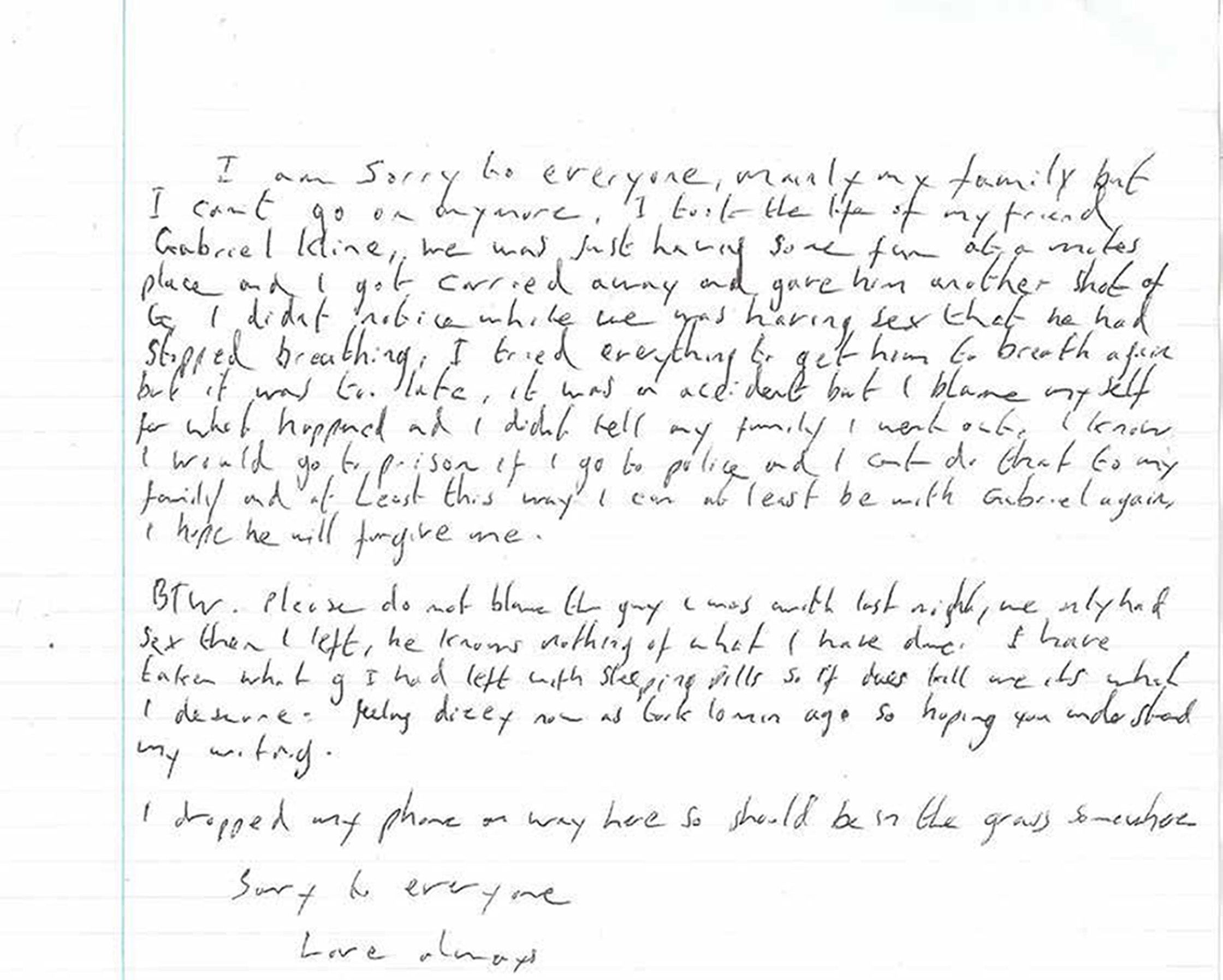 The fake suicide note left with Mr Whitworth’s body. (Metropolitan Police/PA)