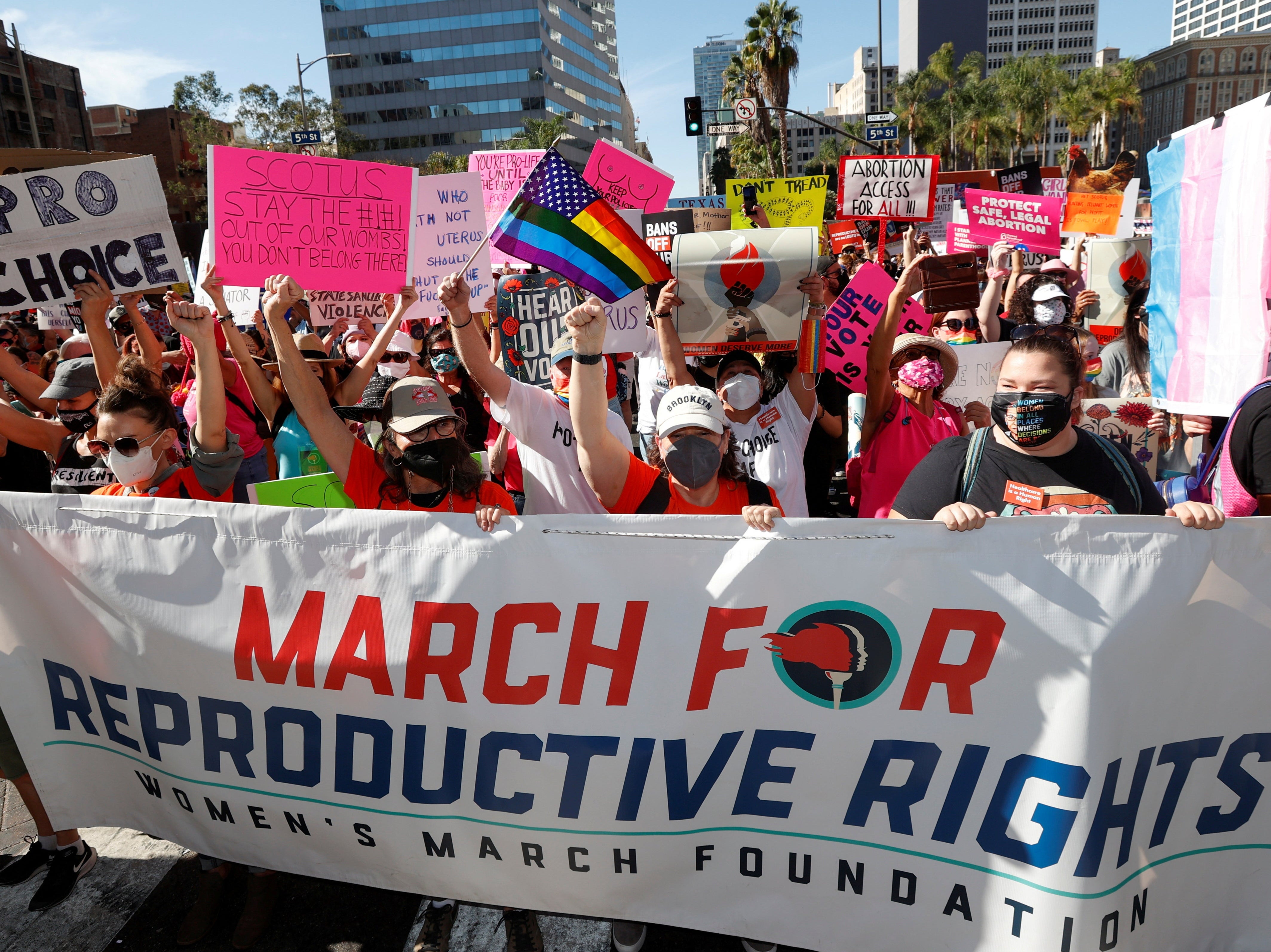 Supporters of reproductive choice take part in a Women’s march in Los Angeles in October