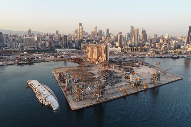 <p>Drone footage shows the destroyed port area one year after a huge explosion hit Beirut in Lebanon</p>