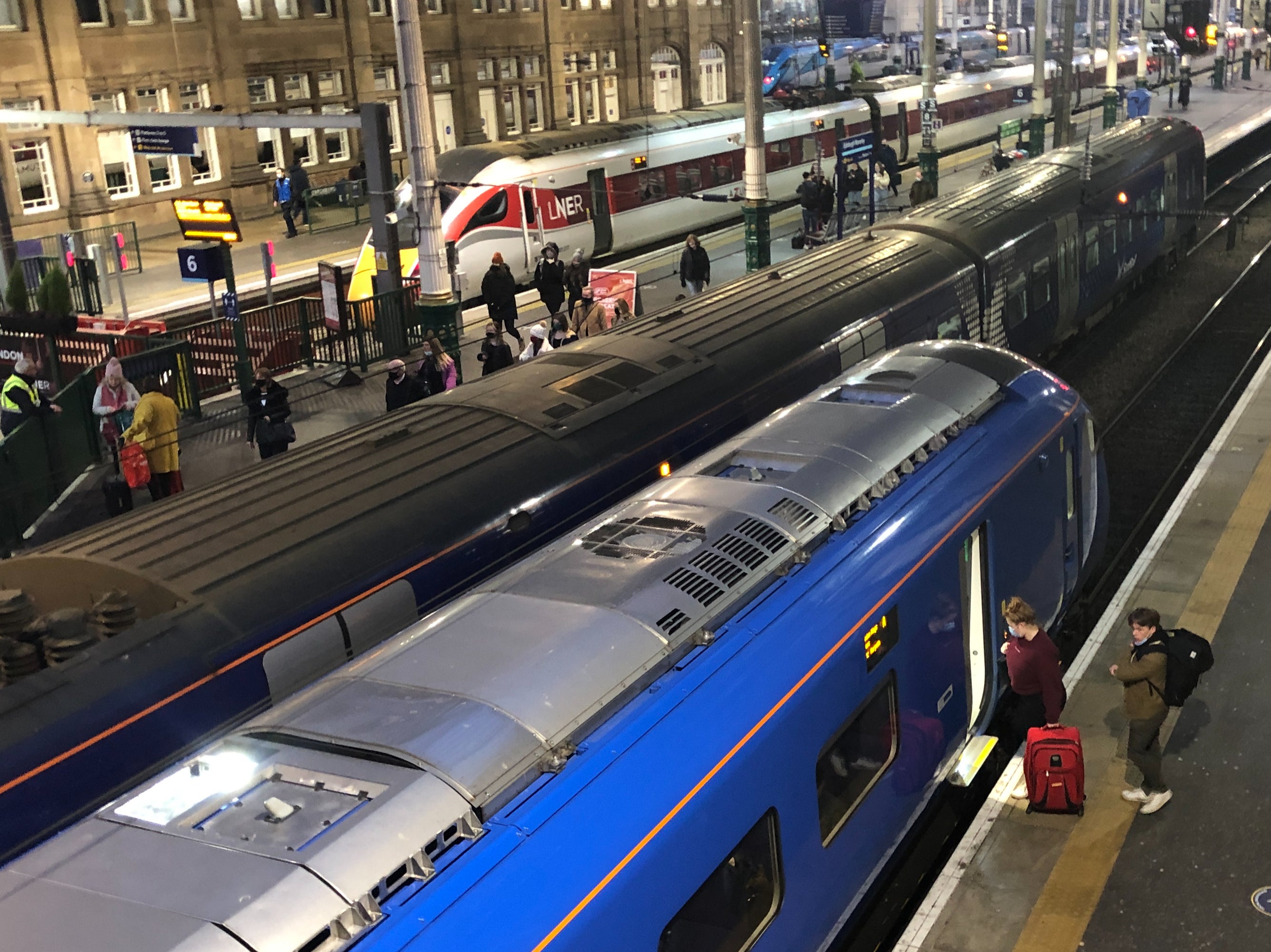 Departing early: the last LNER Edinburgh-London train before Christmas on 24 December leaves at 8am (top), while the final Lumo service (bottom) is less than an hour later