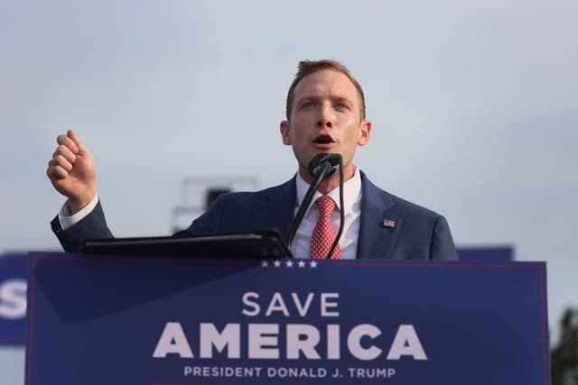 <p>Max Miller speaks at a rally with former President Donald Trump at the Lorain County Fairgrounds on June 26, 2021 in Wellington, Ohio.</p>