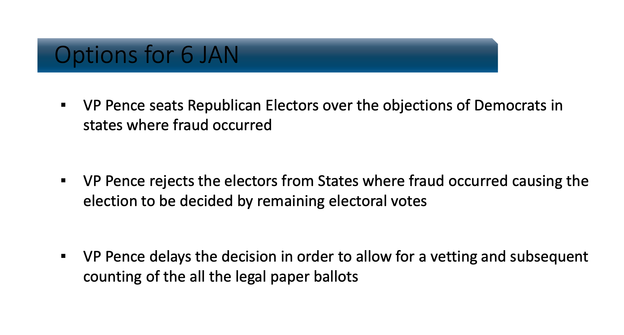 The third ‘option for 6 January’ listed on this slide matches a plan put forth by Texas senator Ted Cruz