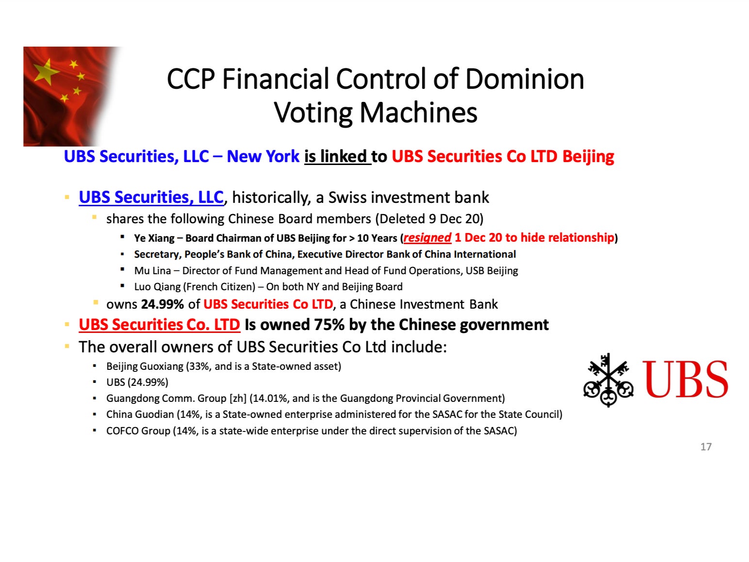 One slide claims that the Chinese Communist Party have financial control of voting machines used in the 2020 election