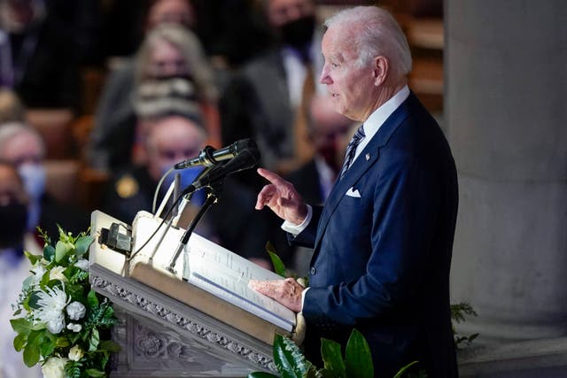 <p>President Joe Biden speaks during the funeral service for former Sen. Bob Dole of Kansas, at the Washington National Cathedral, Friday, Dec. 10, 2021, in Washington.</p>