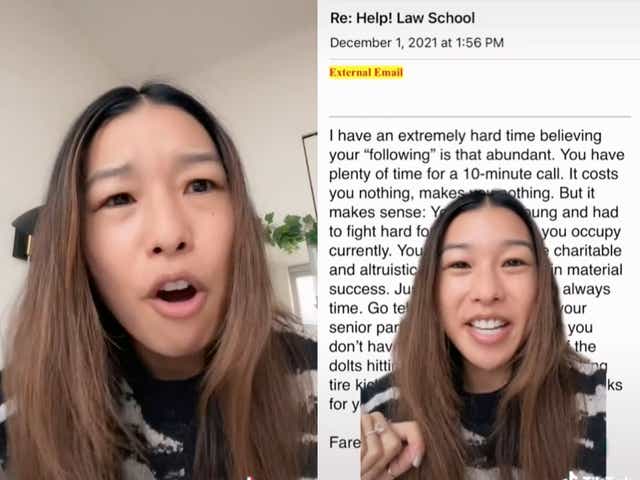 <p>Lawyer shares ‘unhinged’ email she received from student asking for advice about law school admissions </p>