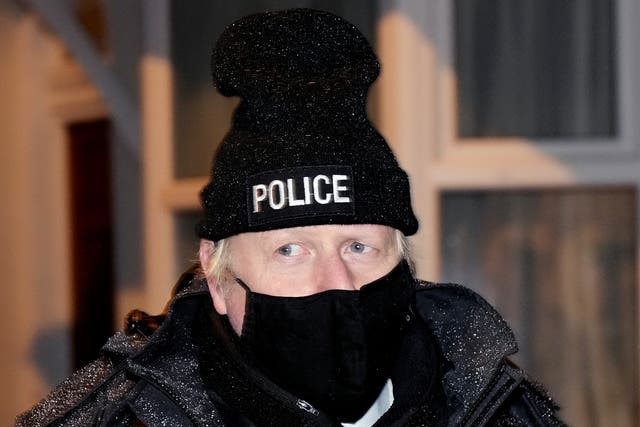 <p>Boris Johnson observes an early morning Merseyside police raid on a home in Liverpool as part of 'Operation Toxic' to infiltrate County Lines drug dealings in Liverpool</p>