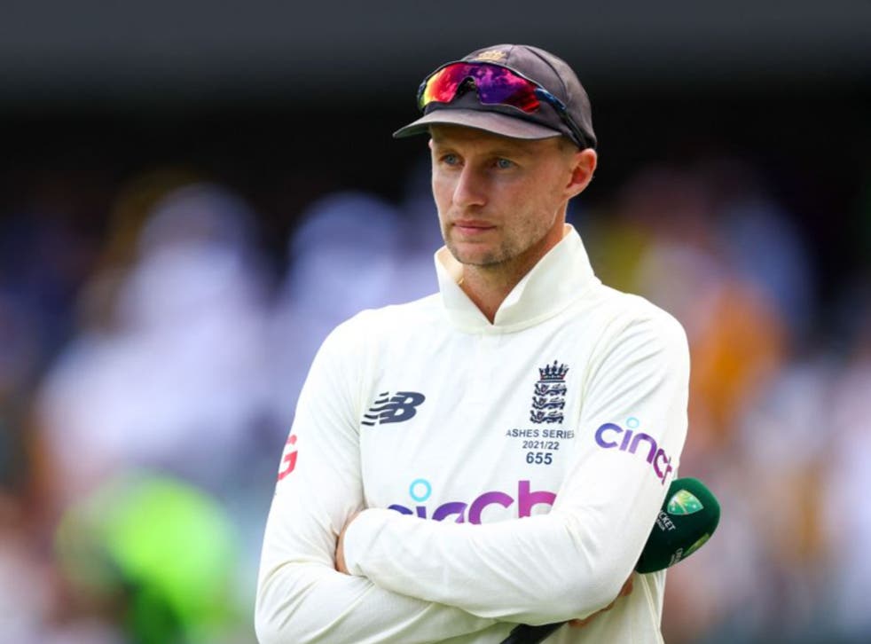 <p>Joe Root looks on during England’s defeat</p>