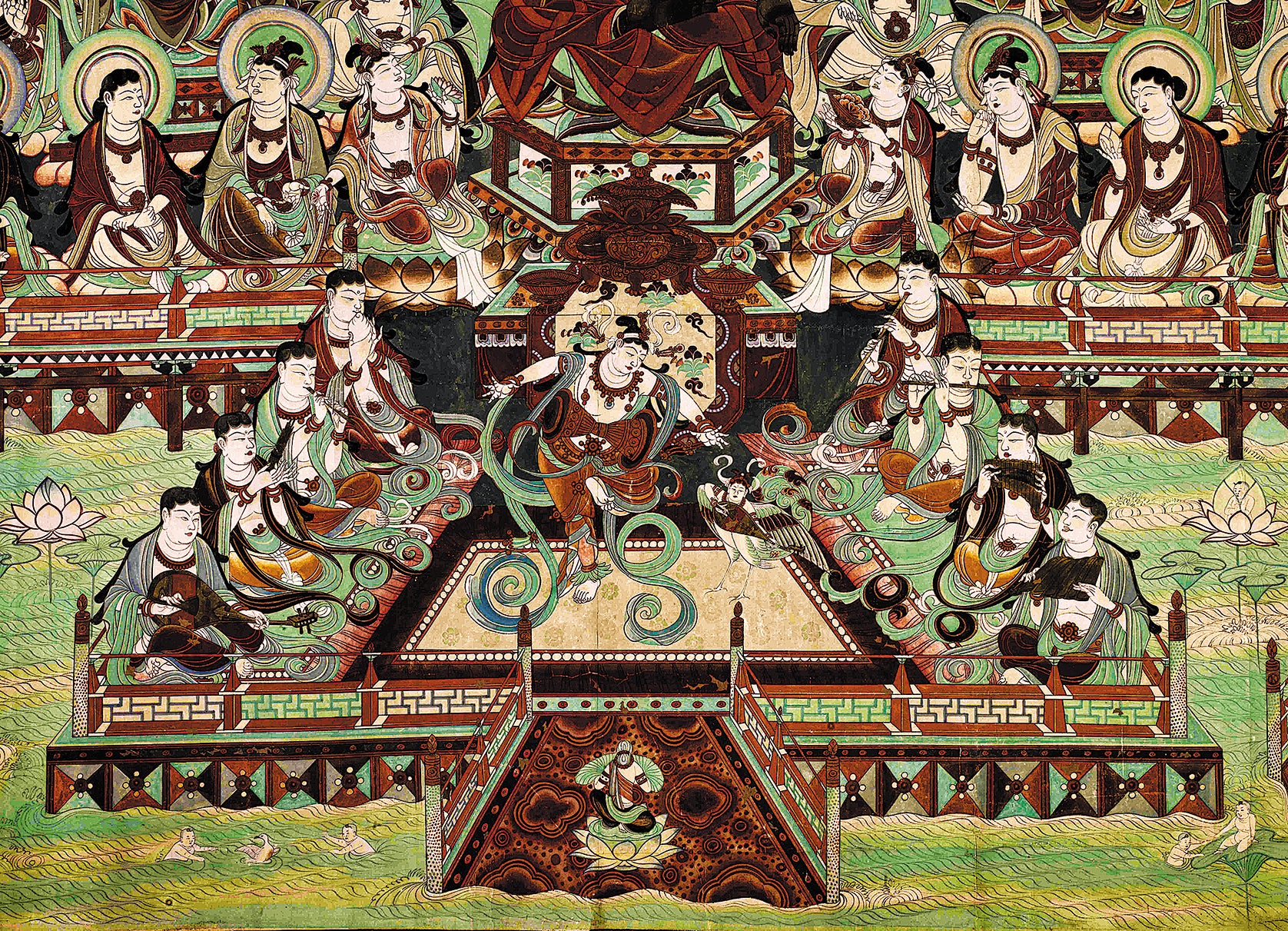 A scene from a mural in Gansu province depicting a band of musicians