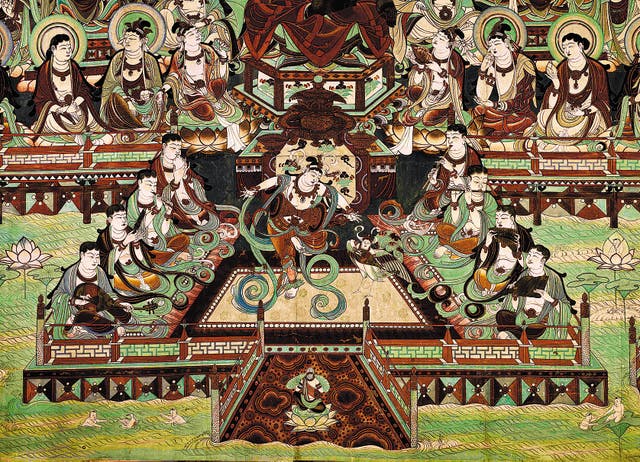 <p>A scene from a mural in Gansu province depicting a band of musicians </p>
