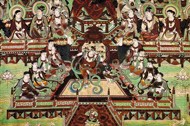 <p>A scene from a mural in Gansu province depicting a band of musicians </p>
