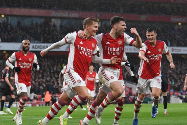 <p>Martin Odegaard (second left) celebrates Arsenal’s second goal against Southampton </p>