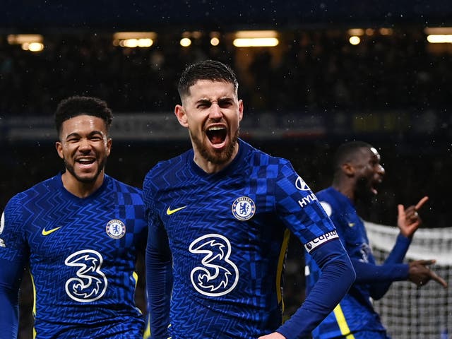 <p>Jorginho celebrates after scoring the winner for Chelsea over Leeds</p>