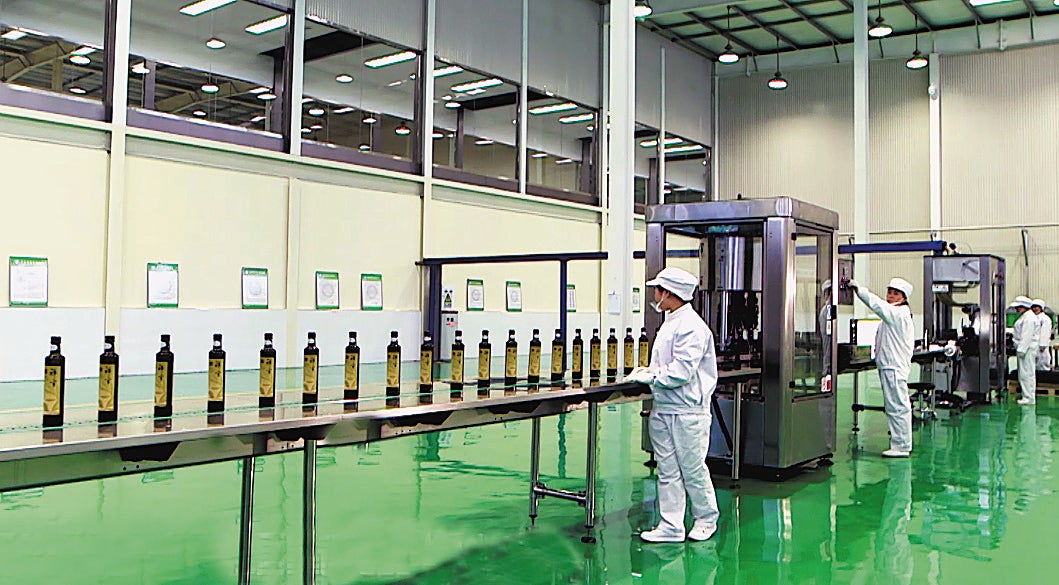 Employees work on an olive-oil production line of Longnan Xiangyu Olive Development Co Ltd in Gansu province