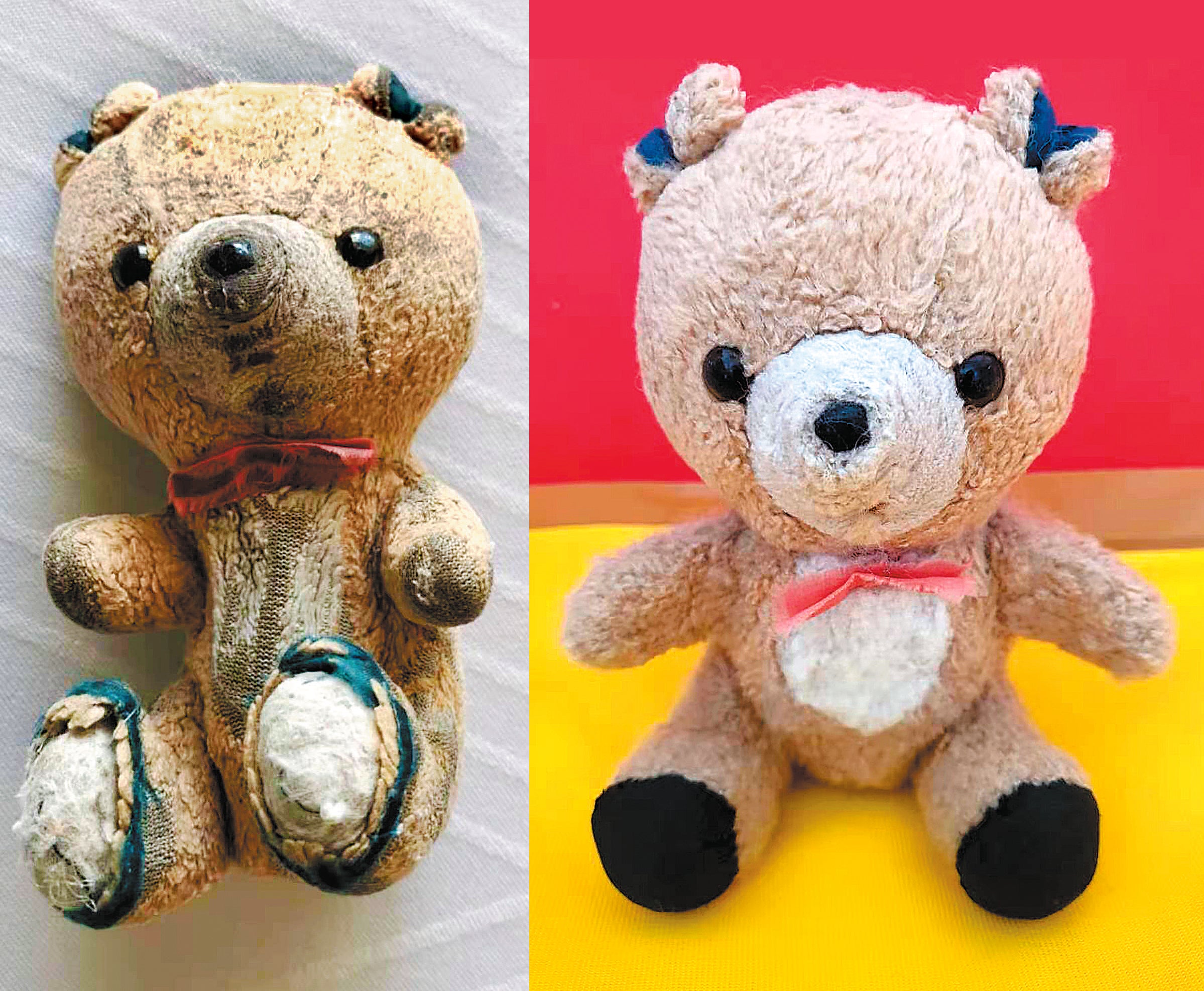 A teddy bear bought 41 years ago before and after Zhu’s restoration