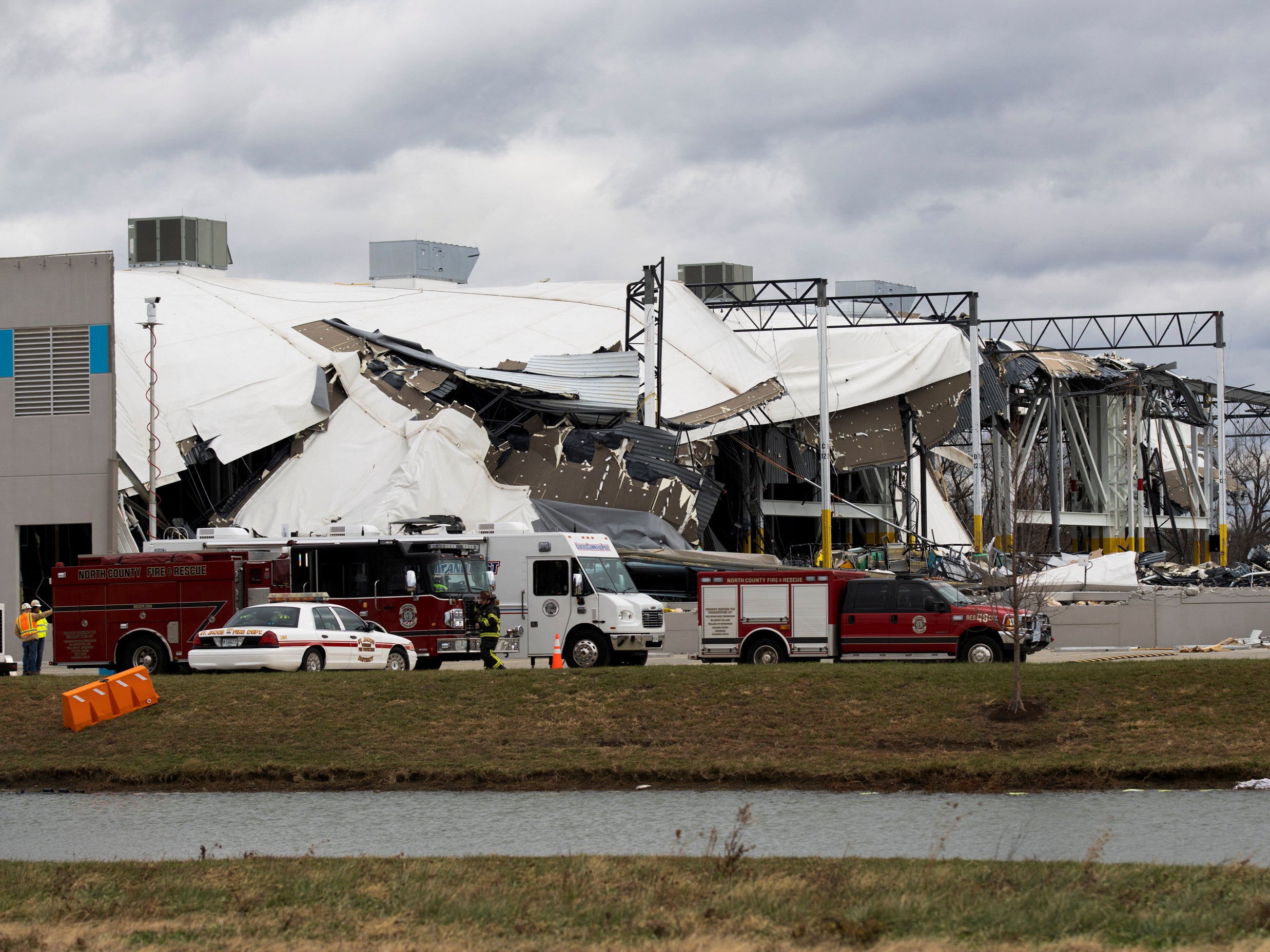 A collapsed roof is seen at an Amazon distribution center after a tornado hits Edwardsville, in Illinois, U.S. December 11, 2021