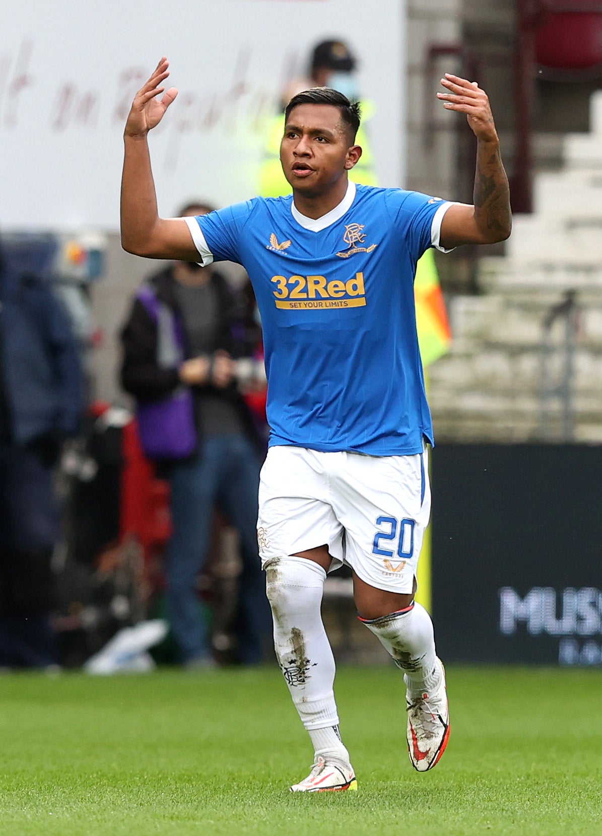 Alfredo Morelos celebrates after opening the scoring at Tynecastle. (Jeff Holmes/PA)