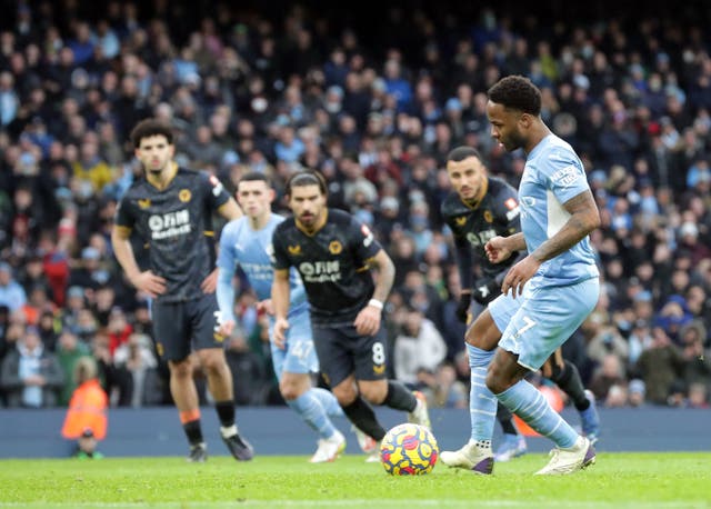 Raheem Sterling kept his cool from the penalty spot to chalk up a century of Premier League goals (Richard Sellers/PA)