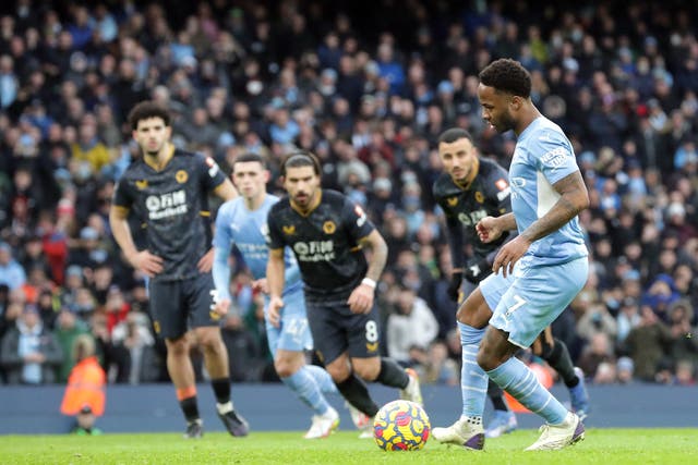 Raheem Sterling kept his cool from the penalty spot to chalk up a century of Premier League goals (Richard Sellers/PA)