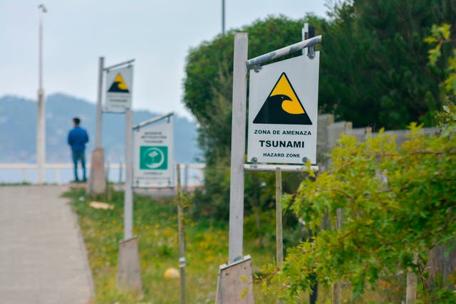 <p>Signs in Dichato, Chile, 519kms (322 miles) south of Santiago de Chile, on February 24, 2020, direct resident to tsunami evacuation route</p>