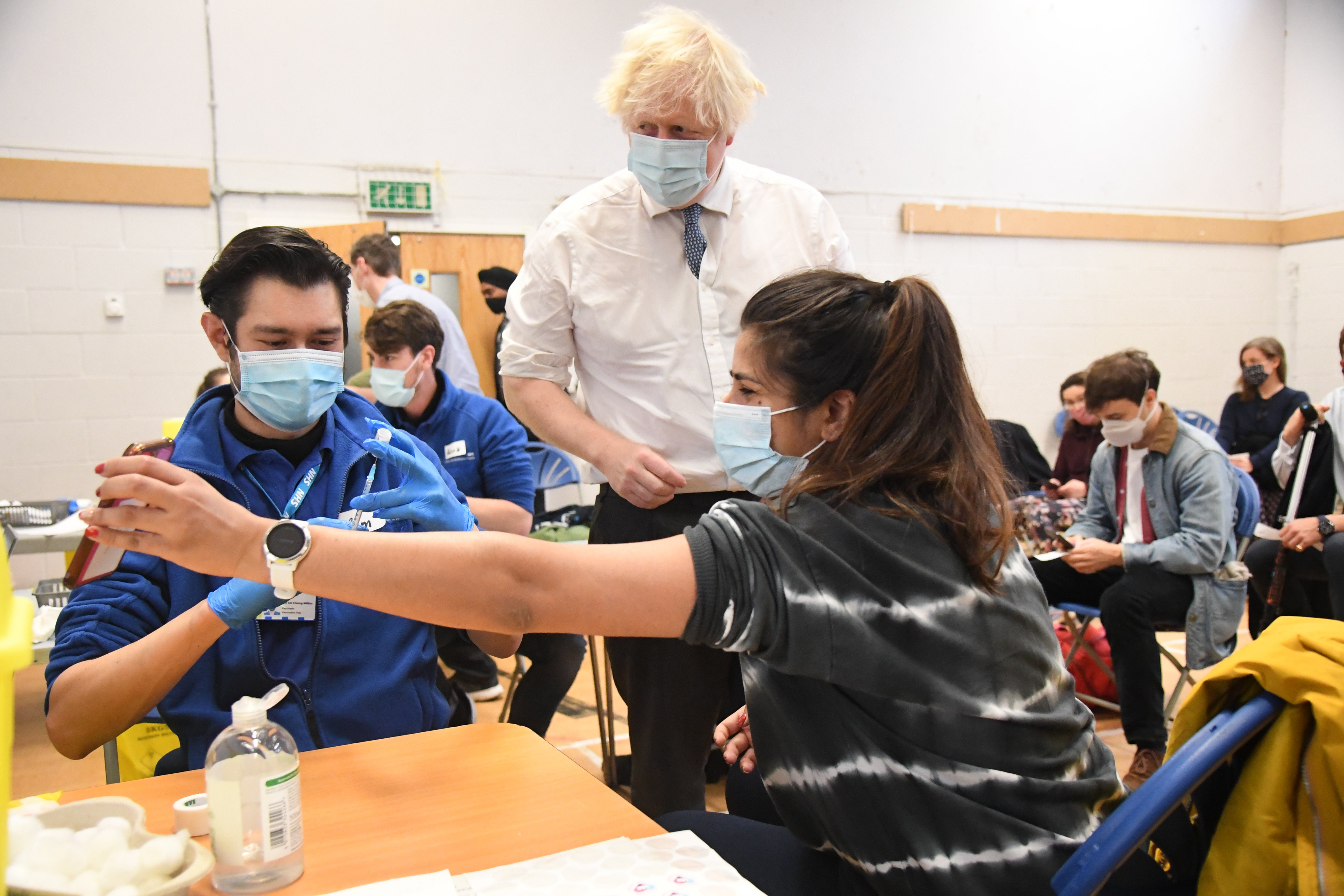 Boris Johnson during a visit to the Stow Health vaccination centre in Westminster (Jeremy Selwyn/Evening Standard/PA)