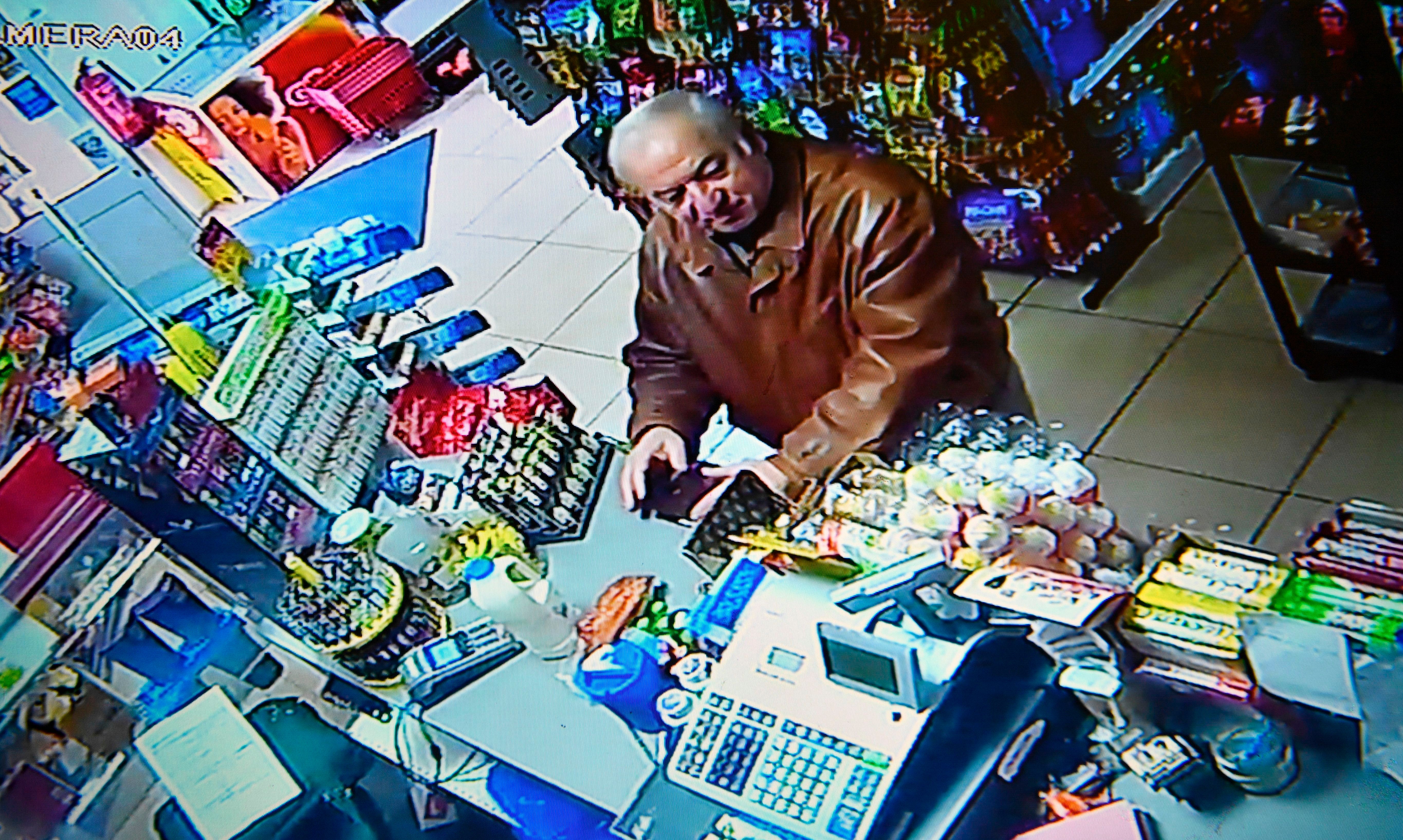 Former Russian spy Sergei Skripal buying groceries at the Bargain Stop convenience store in Salisbury