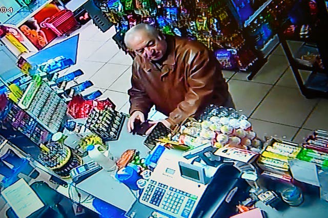 <p>A still image from CCTV footage recorded in 2018 shows former Russian spy Sergei Skripal buying groceries </p>