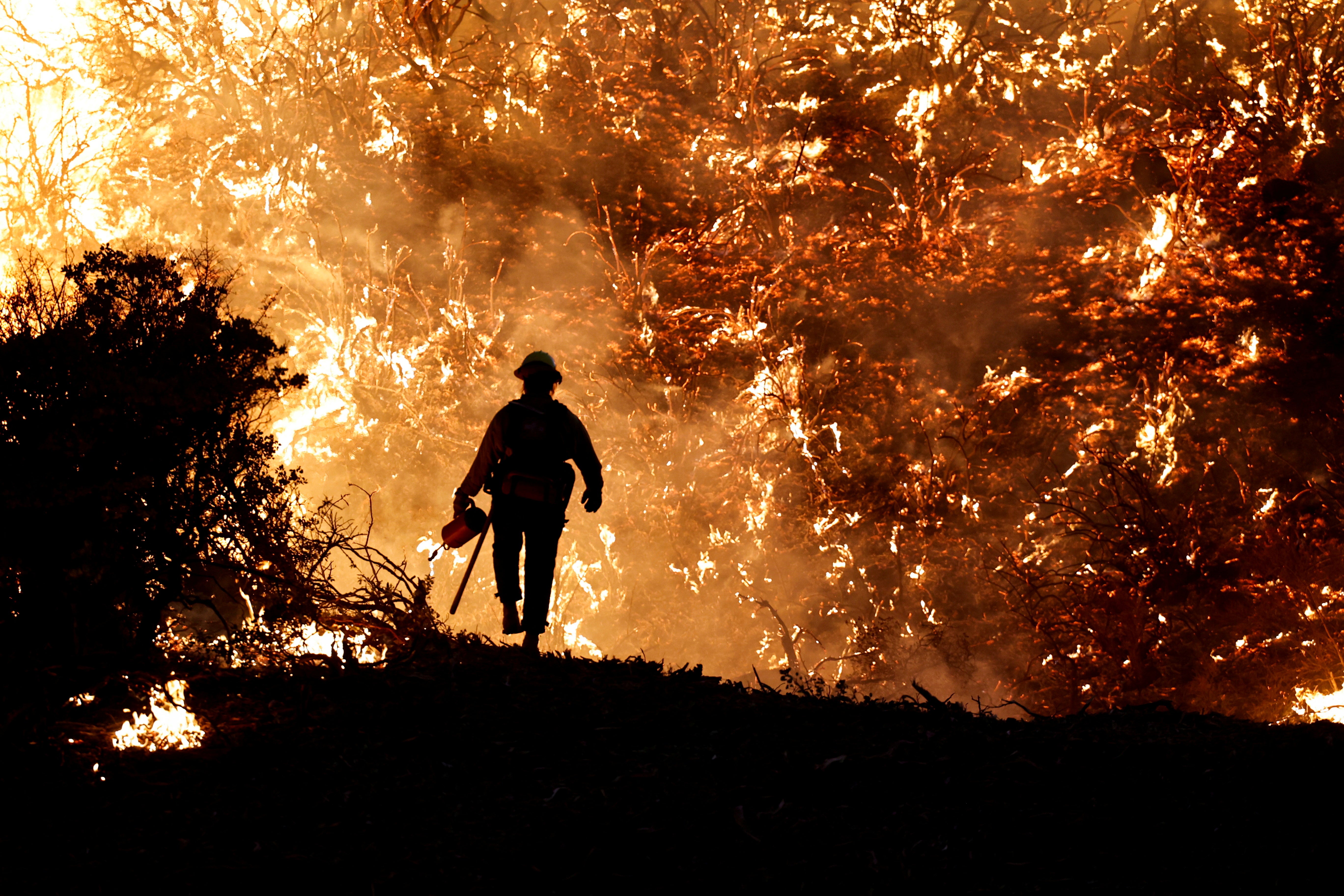 A firefighter works as the Caldor Fire burns in Grizzly Flats, California