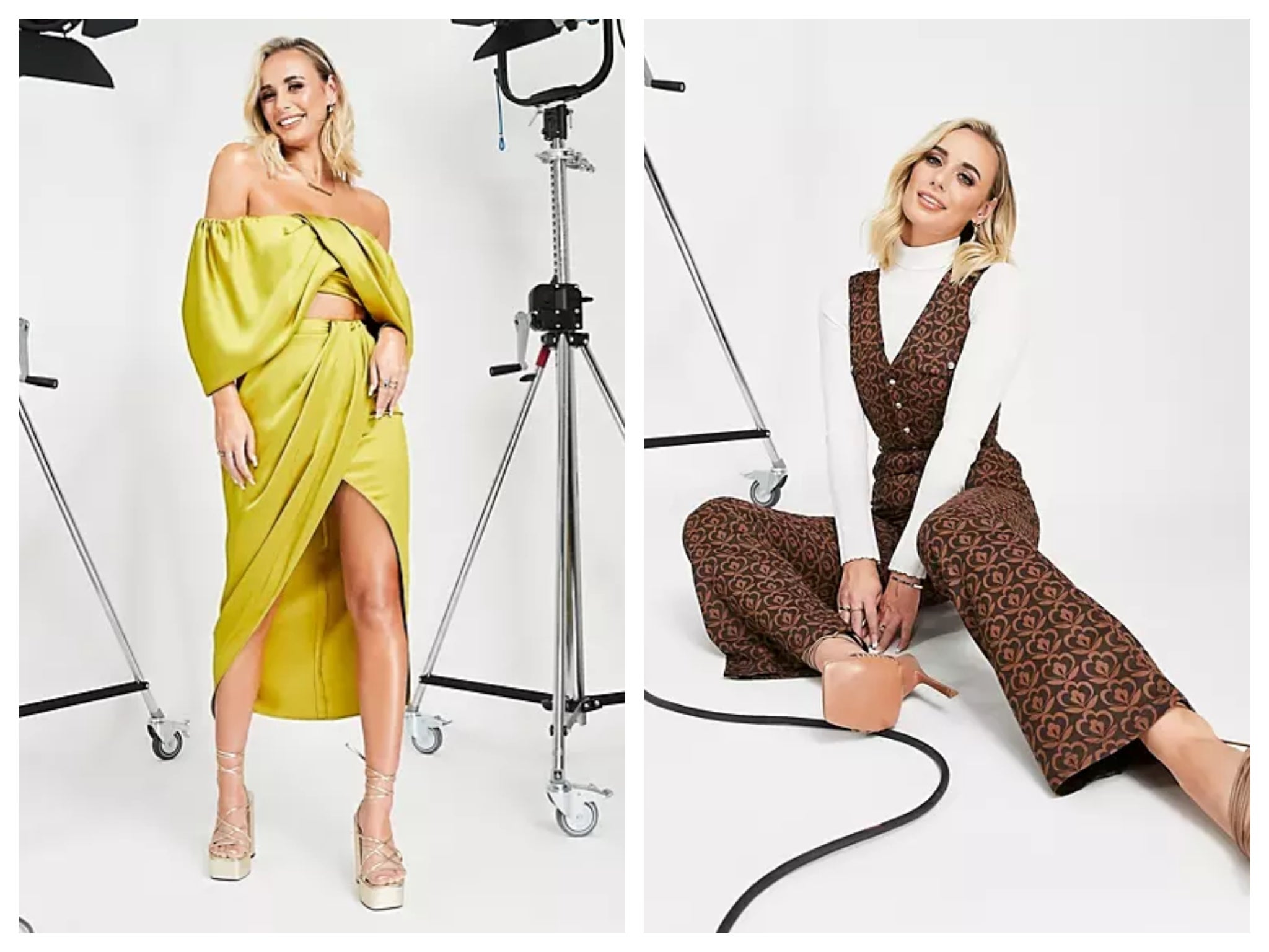 Millie Court wears the ASOS EDITION satin drape split midi skirt in mustard, £50, left, and the ASOS DESIGN ribbed roll neck jumper in oatmeal, £15, right