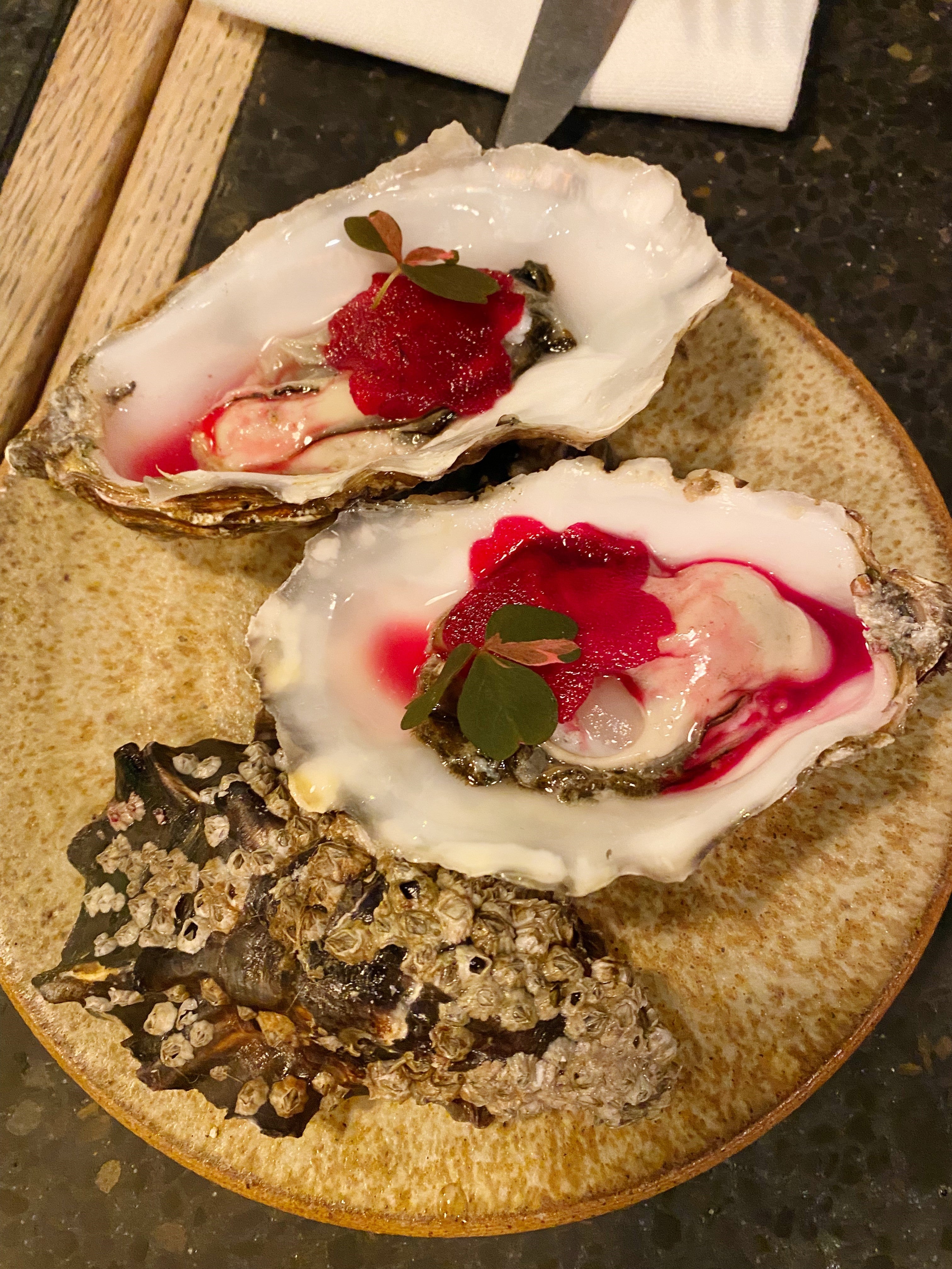 Carlingford oysters with a beetroot reduction and sorrel