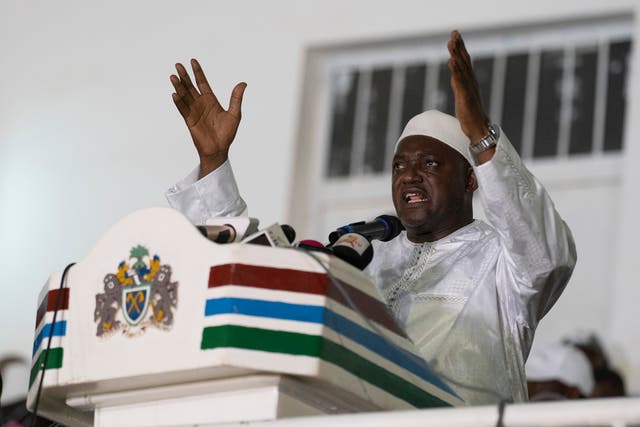<p>The Gambian president, Adama Barrow, speaking to supporters after winning this month’s presidential election</p>