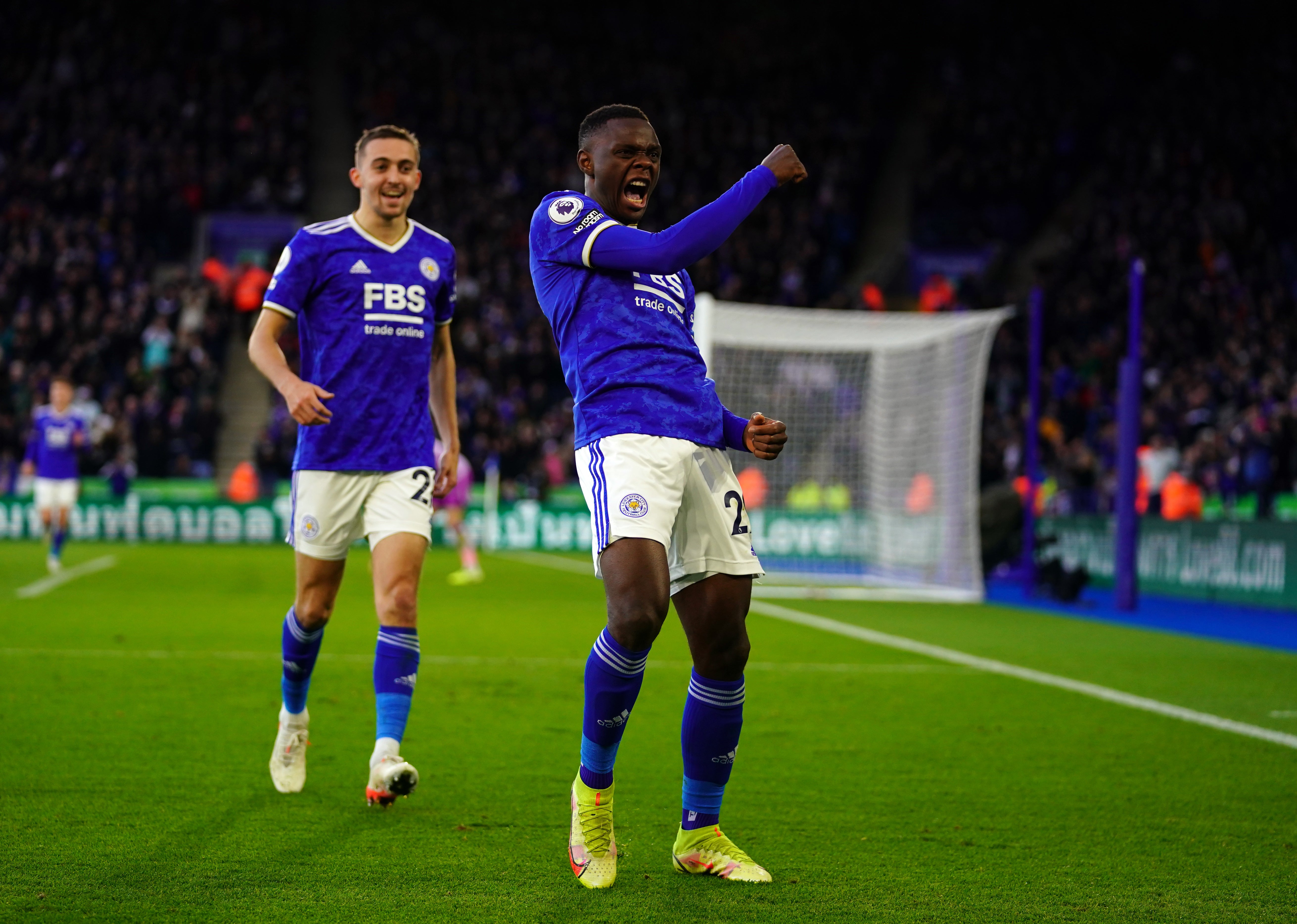 Patson Daka, front, celebrates his goal for Leicester in the 4-0 win over Newcastle (Nick Potts/PA)