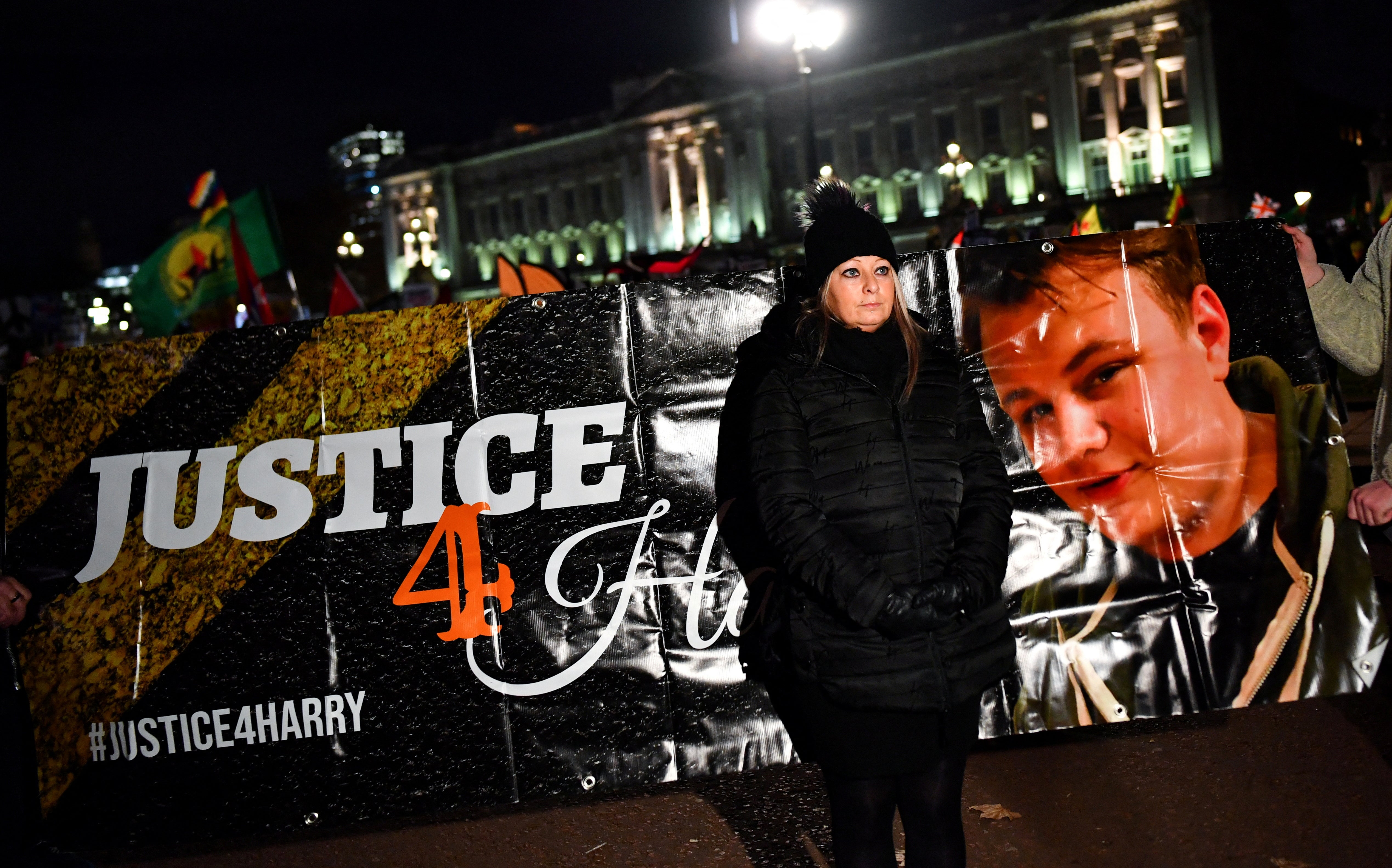 Charlotte Charles, the mother of Harry Dunn, stands outside Buckingham Palace on 3 December 2019, during President Donald Trump’s visit to the UK