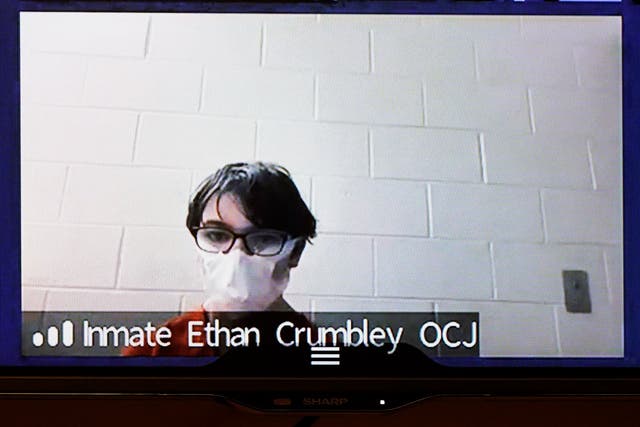 <p>Ethan Crumbley appeared via video during a court hearing on 13 December </p>