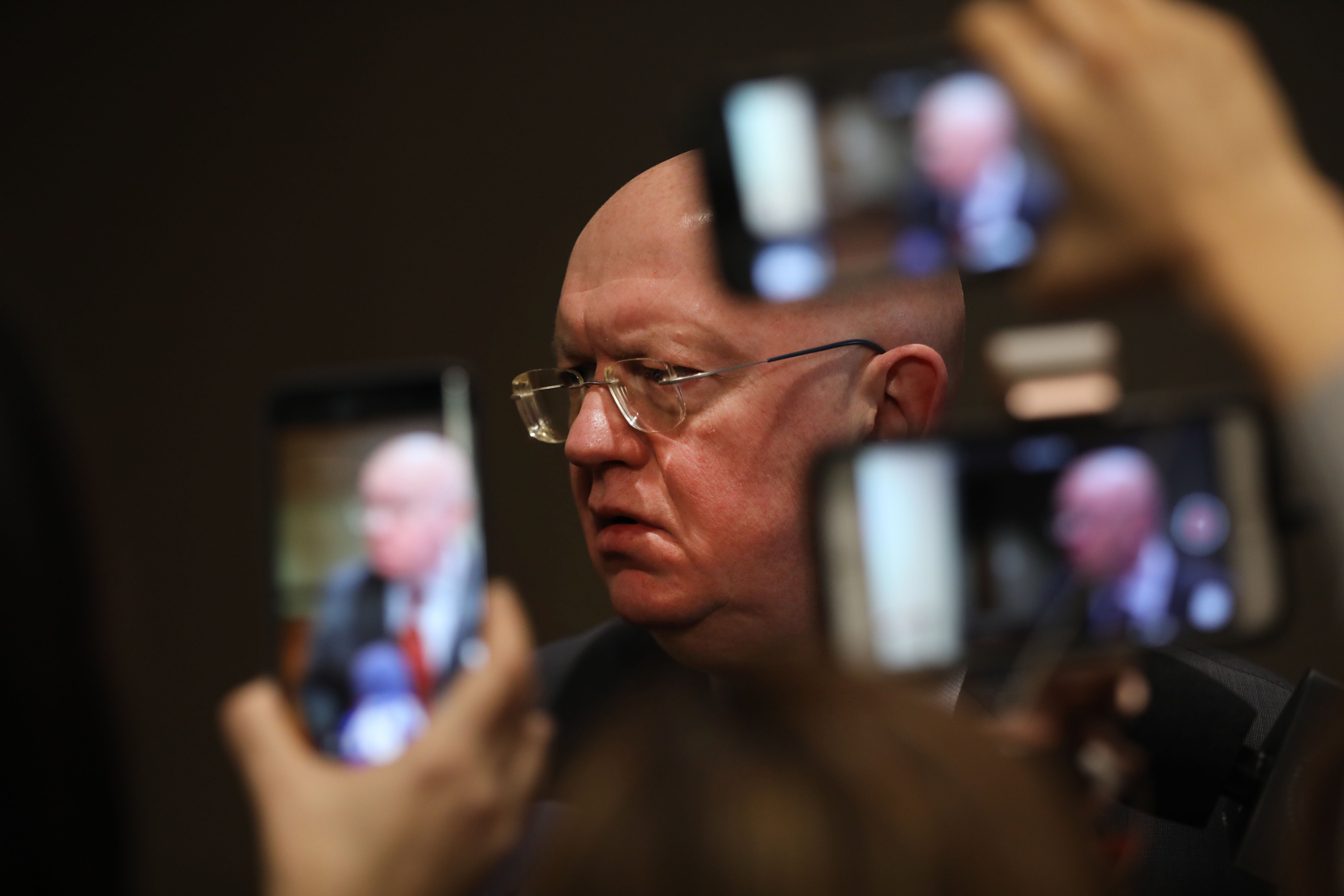 File: Russia's UN envoy Vassily Nebenzia speaks to the media following a UN Security Council meeting on Venezuela in January 2019 in New York